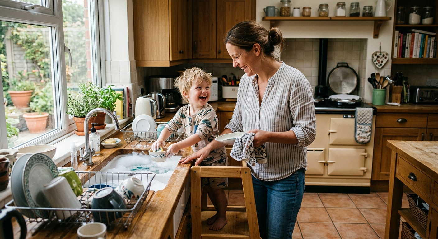 Family using Kidderboard together — parent and children building life skills